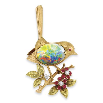 Lot 337 - Gold, Opal, Ruby and Diamond Bird Brooch