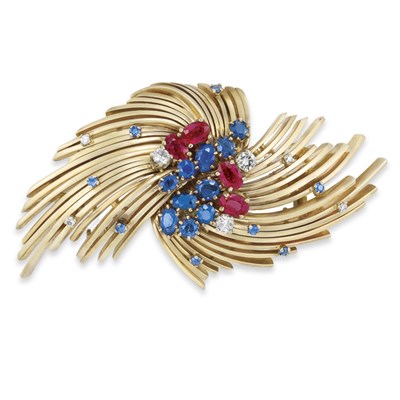 Lot 459 - Gold, Ruby, Sapphire and Diamond Spray Clip-Brooch