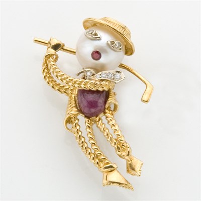Lot 302 - Gold, Mabe Pearl, Cabochon Ruby and Diamond Golfer Clip-Brooch