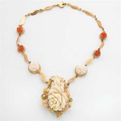 Lot 613 - Gold, Carved Coral and Turquoise Pendant-Necklace