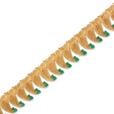 Lot 449 - Gold and Cabochon Emerald Leaf Cuff Bracelet, Ruser