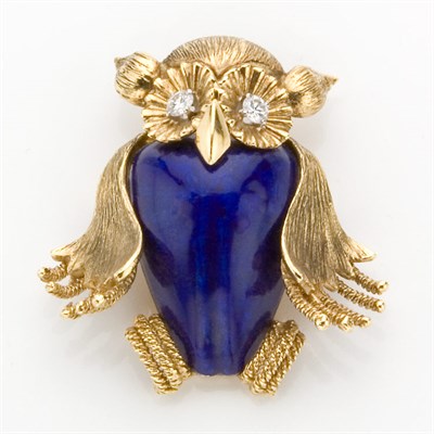 Lot 411 - Gold, Blue Enamel and Diamond Owl Brooch