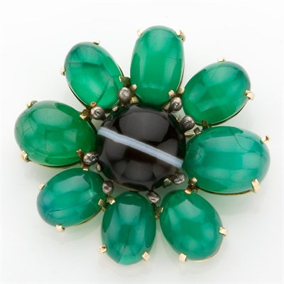 Lot 862 - Large Banded Agate and Green Onyx Flower Pendant-Brooch