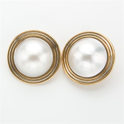 Lot 477 - Pair of Two-Color Gold and Mabe Pearl Earrings