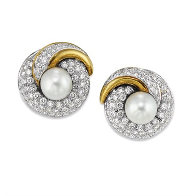 Lot 363 - Pair of  Platinum, Gold, Cultured Pearl and Diamond Earclips