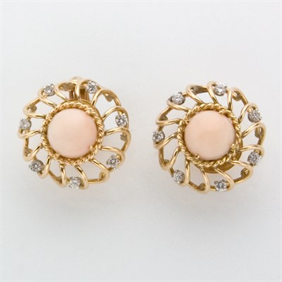 Lot 341 - Pair of Gold, Angel Skin Coral and Diamond Earrings