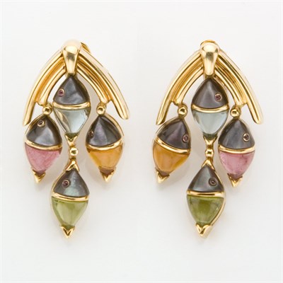 Lot 749 - Pair of Gold, Mother-of-Pearl, Cabochon Colored-Stone and Ruby Fish Pendant-Earclips, Bulgari