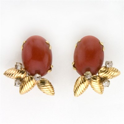 Lot 350 - Pair of Gold, Oxblood Coral and Diamond Earclips