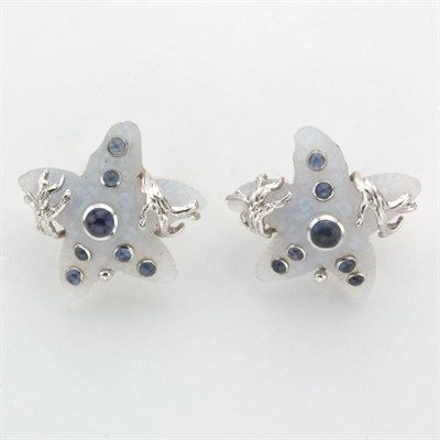 Lot 212 - Pair of White Gold, Blue Chalcedony and Cabochon Sapphire Starfish Earclips, Seaman Schepps