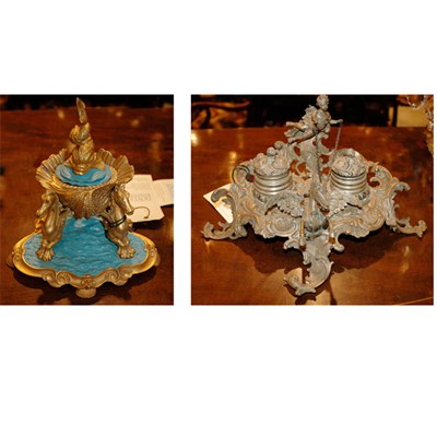 Lot 433 - Two Rococo Style Patinated-Metal Inkwells