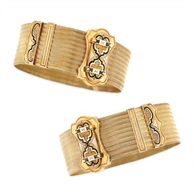 Lot 321 - Pair of Antique Gold, Black and White Enamel Slide Bracelets