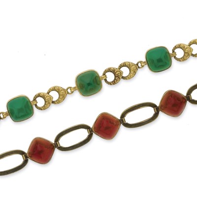 Lot 199 - Two Gold, Sugar Loaf Cabochon Carnelian and Green Onyx Bracelets