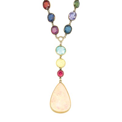 Lot 563 - Gold and Multicolored Stone Chain Necklace with Opal Pendant