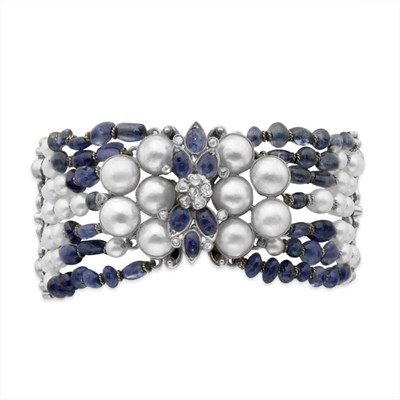 Lot 267 - Antique Seven Strand Sapphire Bead, Cabochon Sapphire, Pearl, Split Pearl and Diamond Bracelet