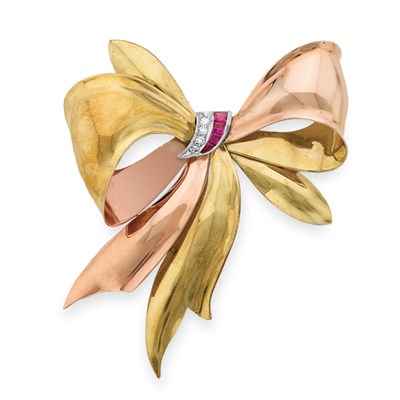 Lot 203 - Two-Color Gold, Diamond and Synthetic Ruby Bow Brooch