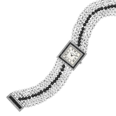 Lot 540 - Art Deco Diamond, Black Onyx and Pearl Bracelet-Watch, Cartier