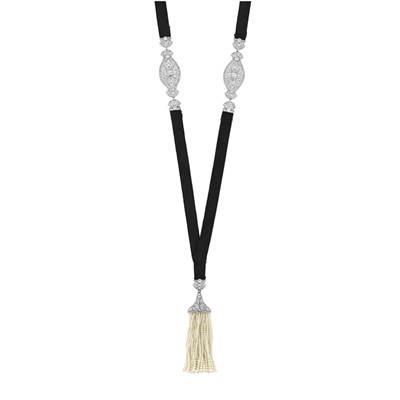 Lot 504 - Platinum, Diamond, Seed Pearl and Grosgrain Ribbon Sautoir