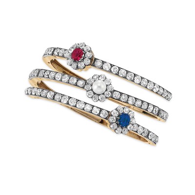 Lot 329 - Antique Silver, Gold, Ruby, Sapphire, Diamond and Pearl Bangle Bracelet, Tiffany & Co.