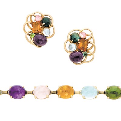 Lot 562 - Gold, Amethyst, Tourmaline, Peridot and Aquamarine Bracelet and Pair of Earclips