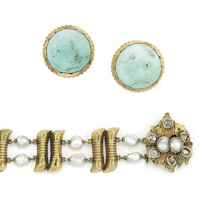Lot 387 - Gold and Freshwater Pearl Bracelet and Pair of Gold and Cabochon Turquoise Earclips
