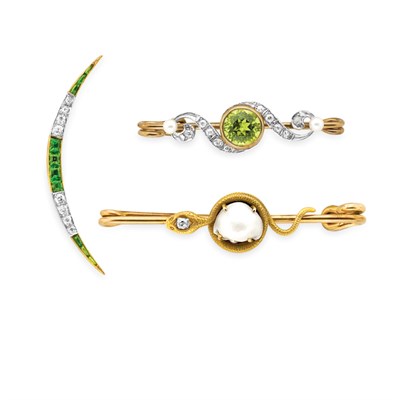 Lot 241 - Three Antique Gold, Platinum, Pearl, Colored Stone and Diamond Brooches