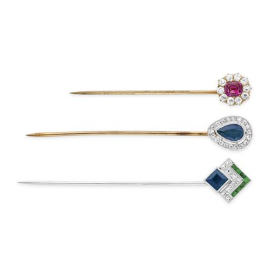 Lot 196 - Three Platinum, Gold, Gem-Set and Diamond Stickpins