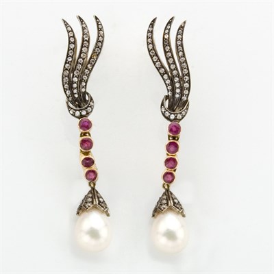 Lot 527 - Pair of Silver, Gold, Diamond, Ruby and Cultured Pearl Pendant-Earrings