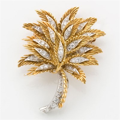 Lot 653 - Two-Color Gold and Diamond Leaf Brooch