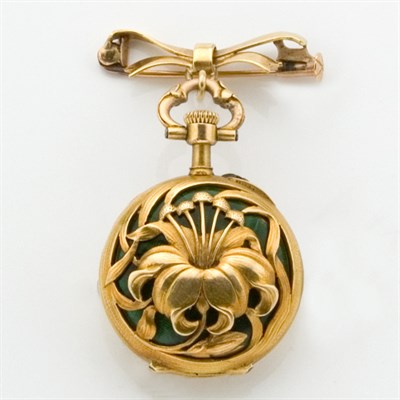Lot 644 - Art Nouveau Gold and Guilloche Enamel Lapel Watch