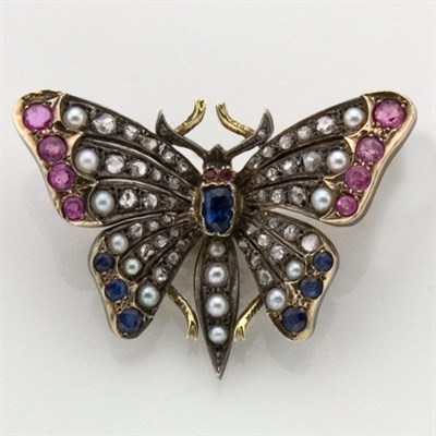 Lot 524 - Antique Diamond, Ruby, Sapphire and Split Pearl Butterfly Brooch