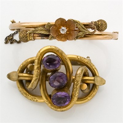 Lot 488 - Antique Gold and Diamond Bangle and Gold-Filled and Amethyst Brooch