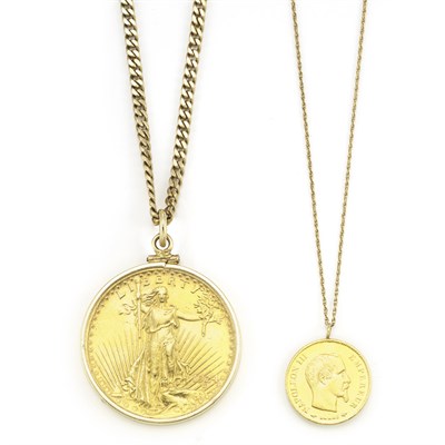 Lot 405 - Two Gold Coin Pendants with Gold Chains