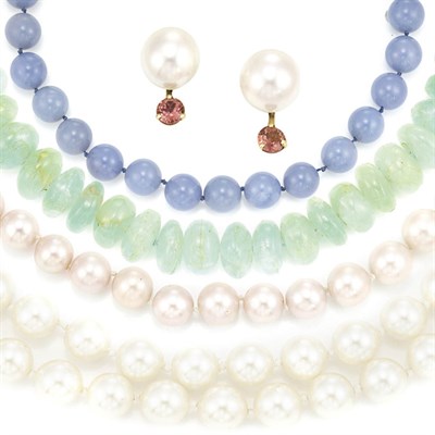 Lot 316 - Two Hardstone Bead Necklaces, Freshwater Pearl Necklace and Pair of Earrings and Costume Pearl Necklace