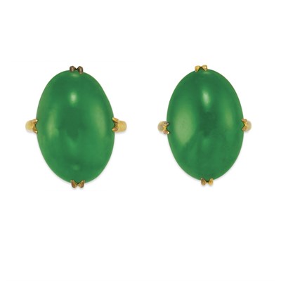 Lot 370 - Pair of Gold and Jade Rings