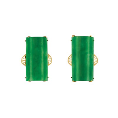 Lot 371 - Pair of Gold and Jade Rings