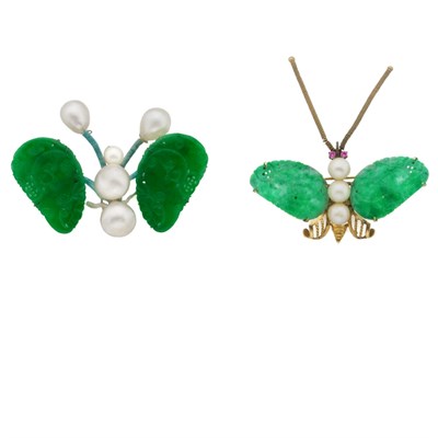 Lot 20 - Gold, Carved Jade and Cultured Pearl Butterfly Brooch and Pendant