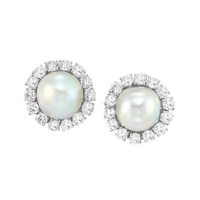 Lot 409 - Pair of Platinum, Baroque Cultured Pearl and Diamond Earclips