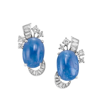 Lot 165 - Pair of Cabochon Sapphire and Diamond Earclips