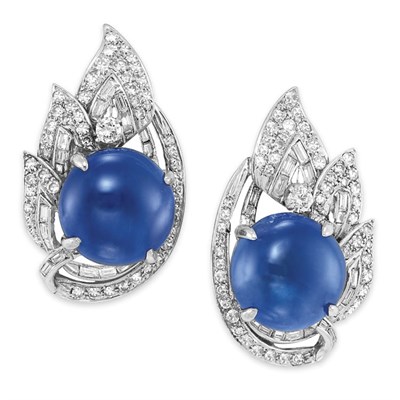 Lot 376 - Pair of Cabochon Sapphire and Diamond Earclips