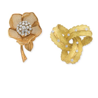 Lot 22 - Gold and Diamond Mesh Rose Brooch and Ribbon Brooch
