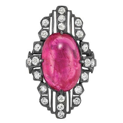 Lot 68 - Silver, Cabochon Ruby and Diamond Ring