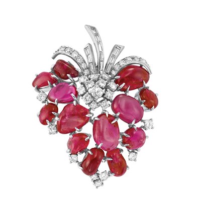 Lot 377 - Cabochon Ruby and Diamond Clip-Brooch