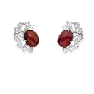 Lot 69 - Pair of Cabochon Ruby and Diamond Earclips