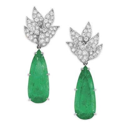 Lot 400 - Pair of Diamond and Emerald Pendant-Earclips