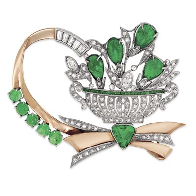 Lot 464 - Rose Gold, Platinum, Emerald and Diamond Brooch