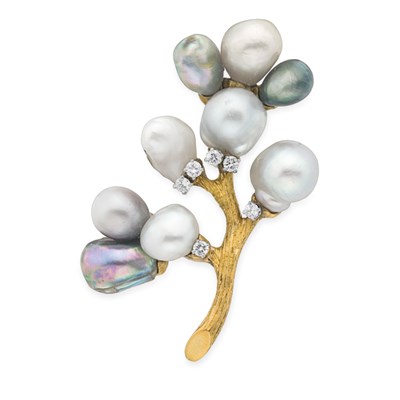 Lot 81 - Gold, Gray, Black and White Baroque Cultured and Freshwater Pearl and Diamond Brooch