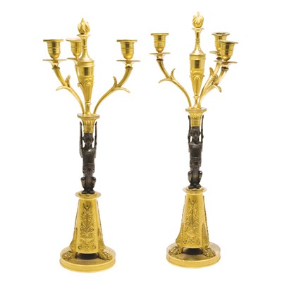 Lot 414 - Pair of Empire Gilt and Patinated-Bronze Three-...