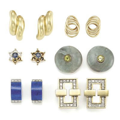 Lot 495 - Six Pairs of Gold, Diamond, Gem-Set and Hardstone Earclips