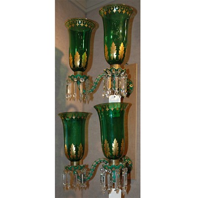 Lot 566 - Pair of English Gilt Decorated Green Glass Two-...