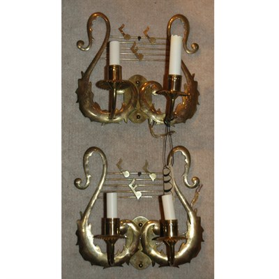 Lot 180 - Pair of Brass Lyre-Form Sconces Height 11 inches.